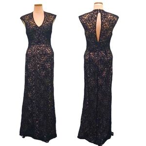 THEIA A Night To Remember Maxi Dress Size 4 Black Nude Floral Lace Cutout Gown